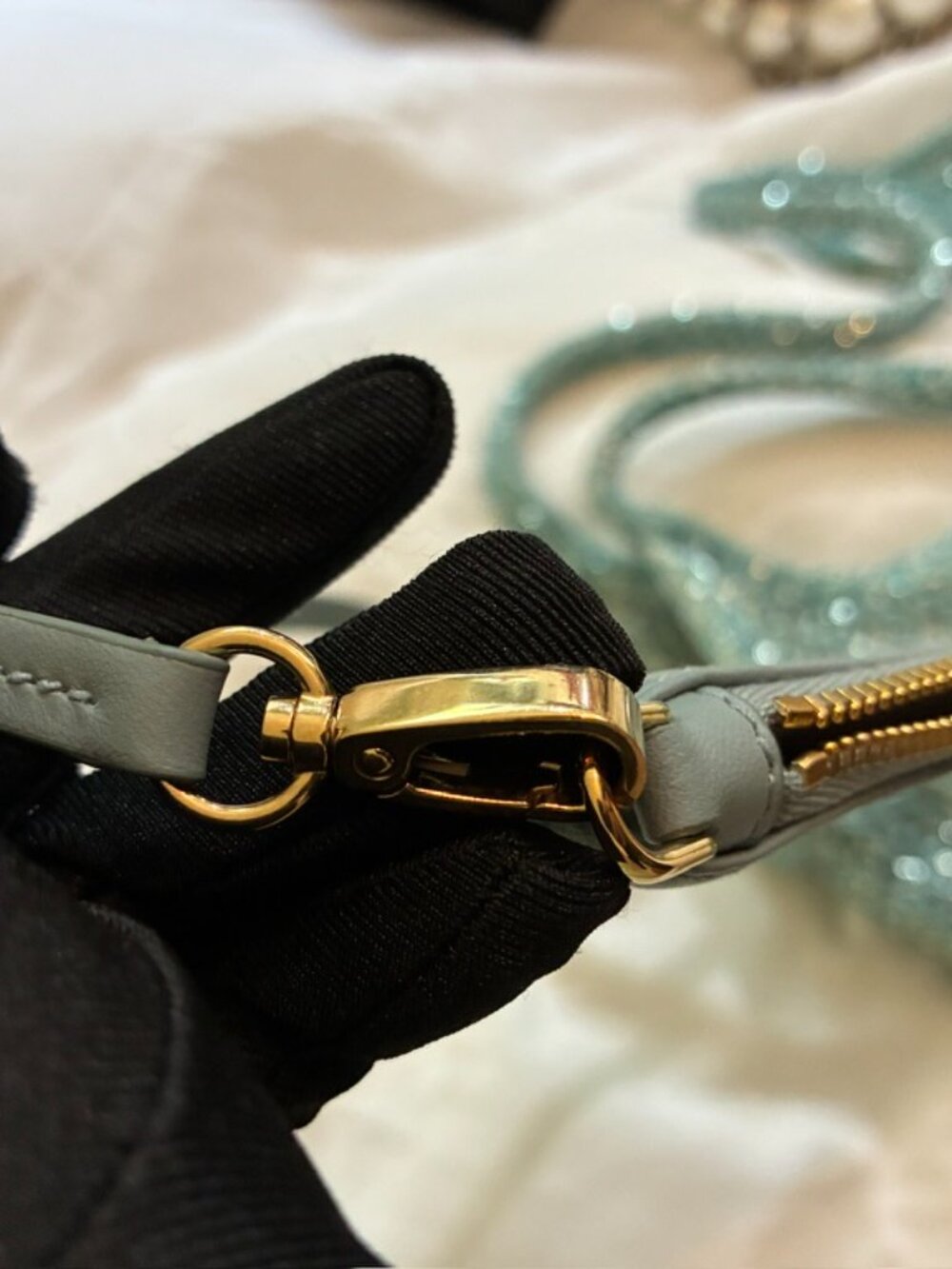Miu Miu Ivy Sequin Mesh Bag in the anise/turquoise colorway - Picture 7 of 12